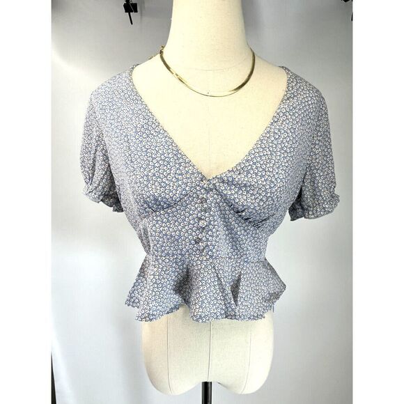 Princess Polly Blue Floral Crop Top Size 4 Small Puff Sleeve Button Peplum Jamia - Picture 12 of 12